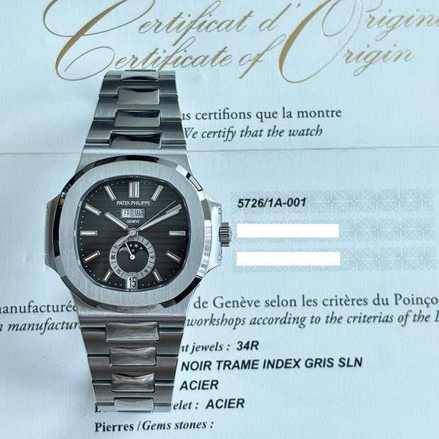 Patek Philippe Annual Calendar Moon Gray dial  5726/1A-001 watch with original box & papers