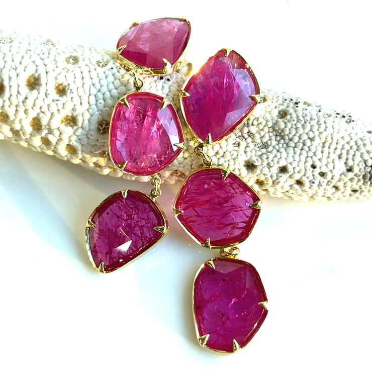 Natural 5.50 CTW Ruby Set in 18K and 14K Yellow Gold Earrings, Drops 1.95 in" Length