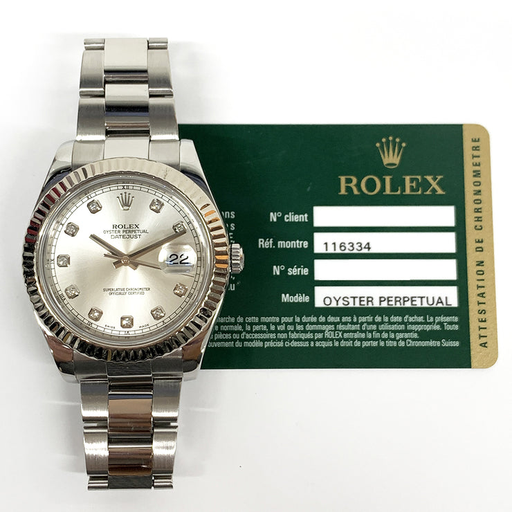 Rolex Datejust II 41mm Silver Diamond Dial M: 116334 Stainless Steel Oyster Bracelet Watch with box and paper