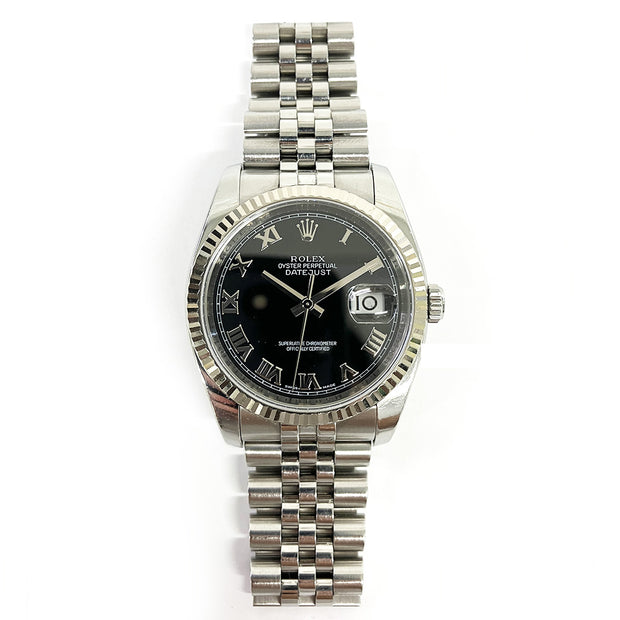 Pre-owned Rolex Datejust 36 Watch 116234 Black Roman dial Stainless Steel Jubilee band with original box and papers