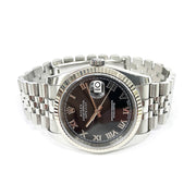 Pre-owned Rolex Datejust 36 Watch 116234 Black Roman dial Stainless Steel Jubilee band with original box and papers