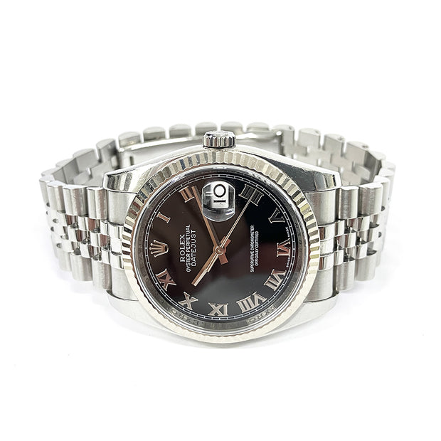 Pre-owned Rolex Datejust 36 Watch 116234 Black Roman dial Stainless Steel Jubilee band with original box and papers