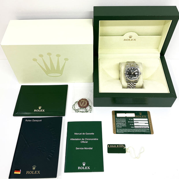 Pre-owned Rolex Datejust 36 Watch 116234 Black Roman dial Stainless Steel Jubilee band with original box and papers