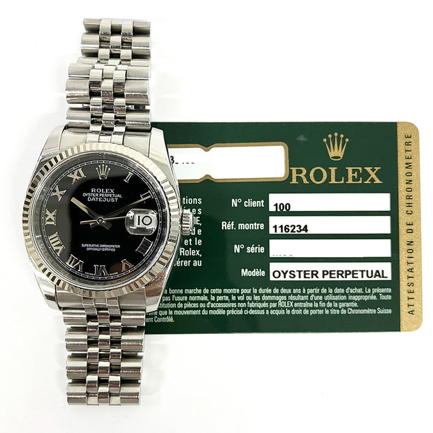 Pre-owned Rolex Datejust 36 Watch 116234 Black Roman dial Stainless Steel Jubilee band with original box and papers