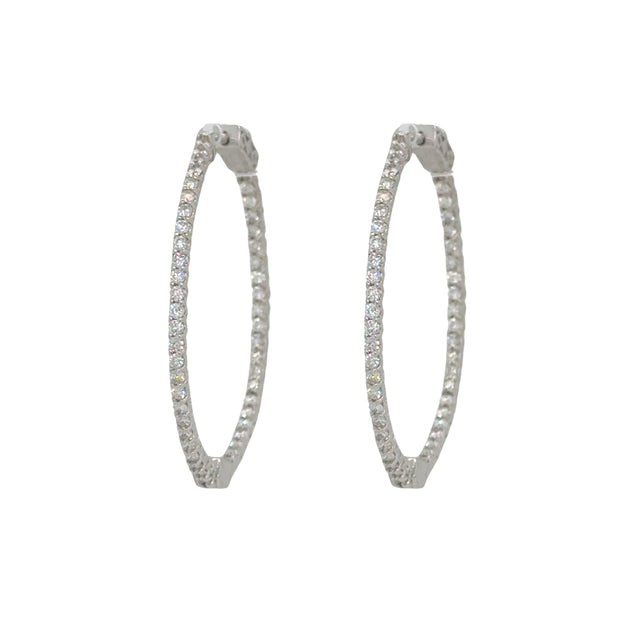 Close-up of 3 CTW Diamond Hoop Earrings in 14K white gold, featuring a secure latch-back closure and a dazzling array of diamonds.