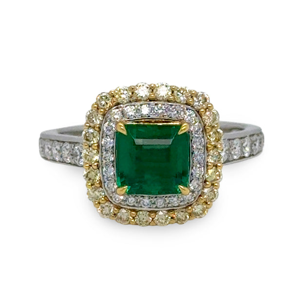 Emerald Ring With Yellow and White Diamond Double Halo