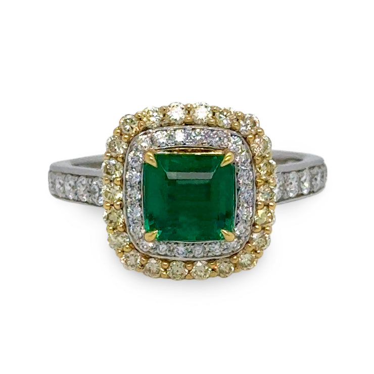 Emerald Ring With Yellow and White Diamond Double Halo