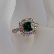 Emerald Ring With Yellow and White Diamond Double Halo