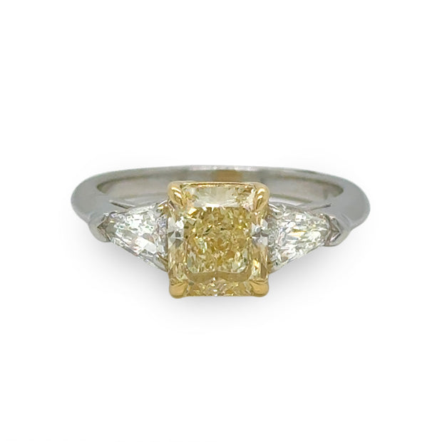 Platinum and 18k yellow gold ring with 2.15ct Fancy Yellow radiant-cut diamond and 0.60ct kite-shaped side diamonds