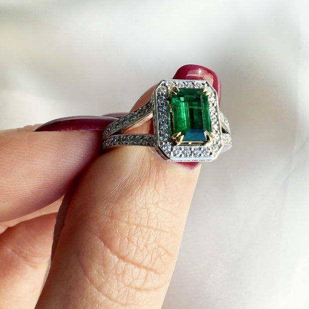 Emerald With Diamond Halo and Split Shank Ring