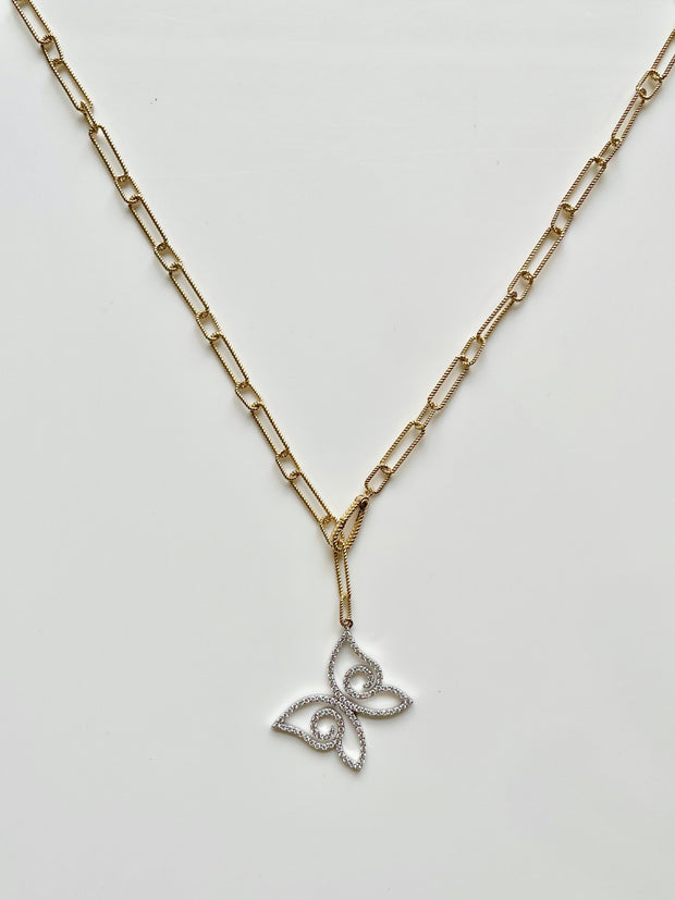 Diamond Butterfly Pendant on Paper Clip Chain Necklace