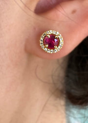 0.88 ctw Rubies with 0.15 ctw Diamonds Halo Stud Earrings 18k Yellow Gold