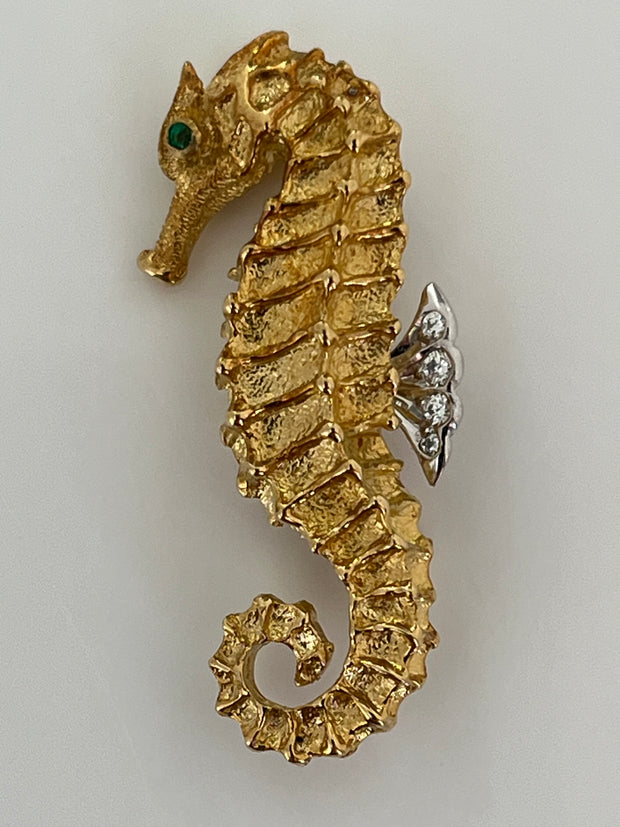 Pre-Owned Authentic Vintage Tiffany & Co. 18k Gold Diamond & Emerald Seahorse Pin Brooch