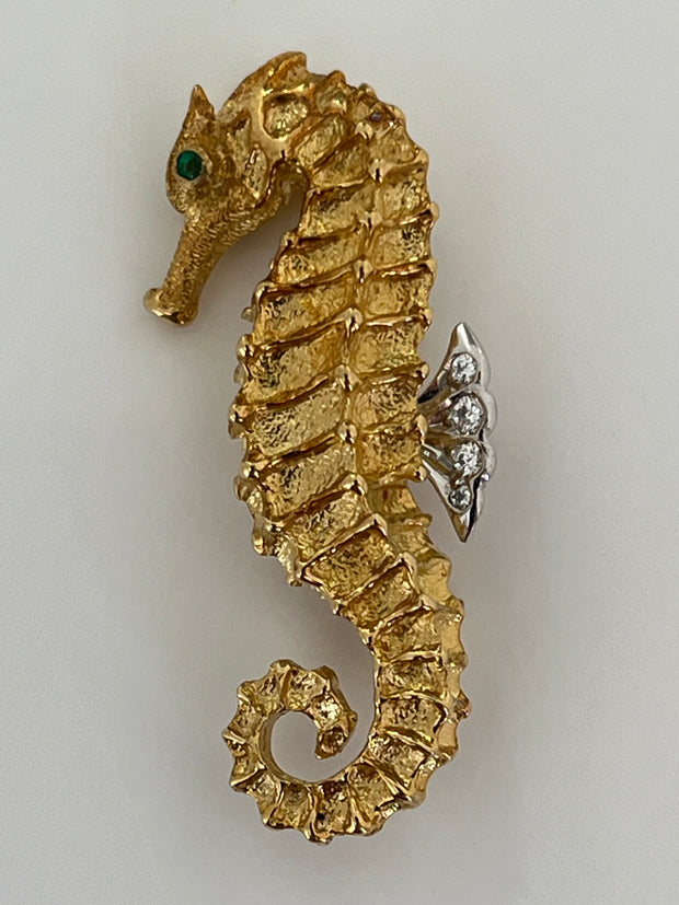 Pre-Owned Authentic Vintage Tiffany & Co. 18k Gold Diamond & Emerald Seahorse Pin Brooch