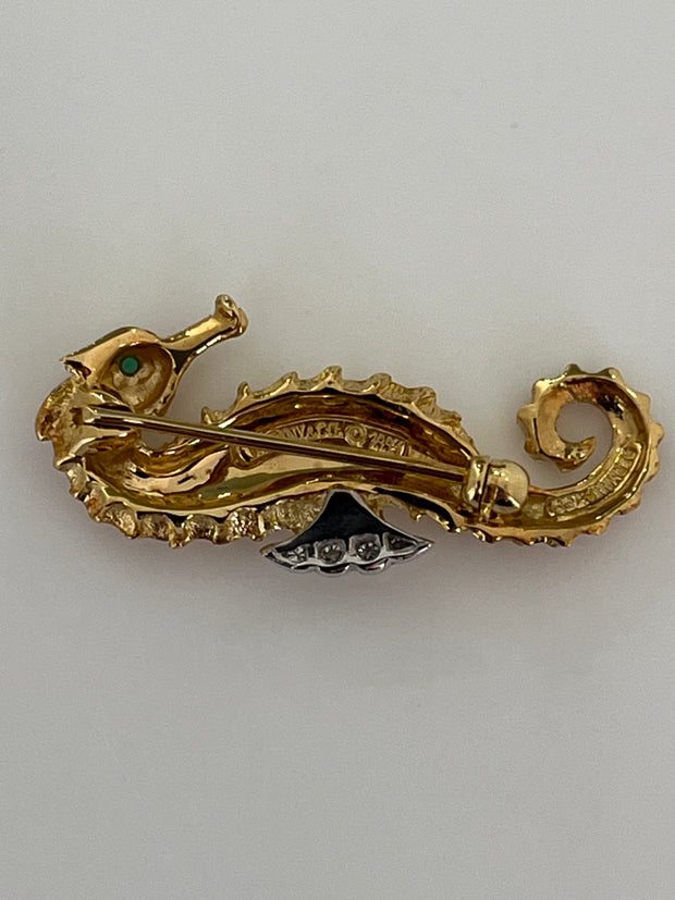 Pre-Owned Authentic Vintage Tiffany & Co. 18k Gold Diamond & Emerald Seahorse Pin Brooch