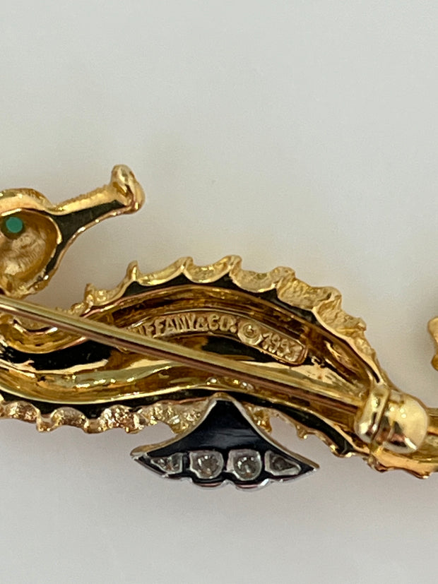 Pre-Owned Authentic Vintage Tiffany & Co. 18k Gold Diamond & Emerald Seahorse Pin Brooch