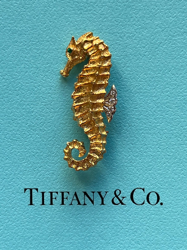 Pre-Owned Authentic Vintage Tiffany & Co. 18k Gold Diamond & Emerald Seahorse Pin Brooch