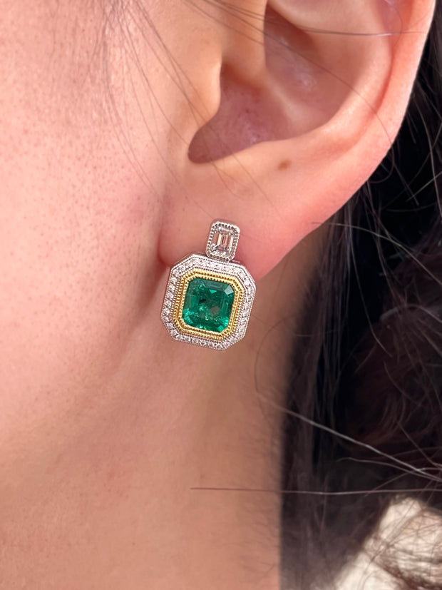 2.82 CTW Emeralds with 0.69 CTW Diamond Halo Earrings set in 18K Yellow and White Gold