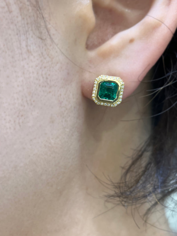 1.83 CTW Green Emeralds with 0.10 CTW Diamond Halo Stud Earrings