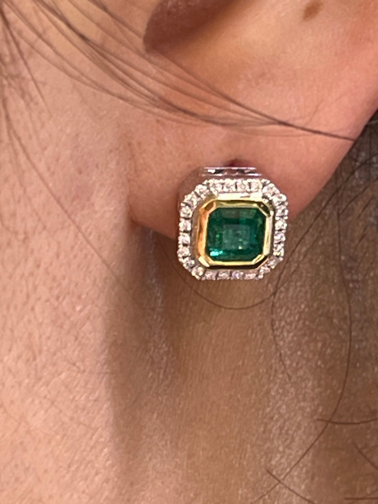 Natural 1.41ctw Emeralds with 0.16ctw RB Diamonds set in 18k yellow and white gold stud earrings