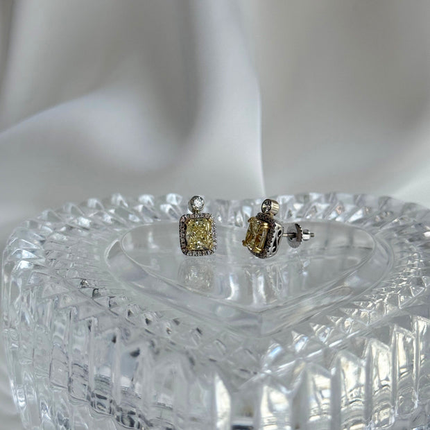Yellow Diamond Studs with Diamond Halo and Bezel Accent