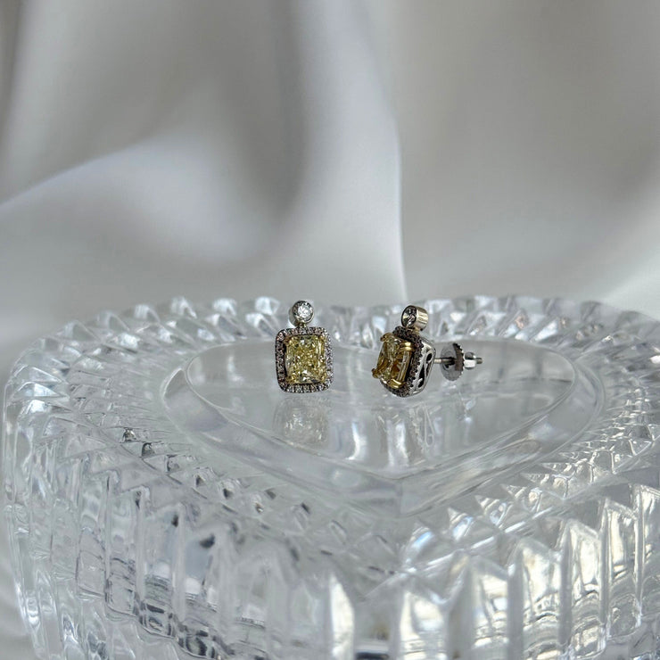 Yellow Diamond Studs with Diamond Halo and Bezel Accent