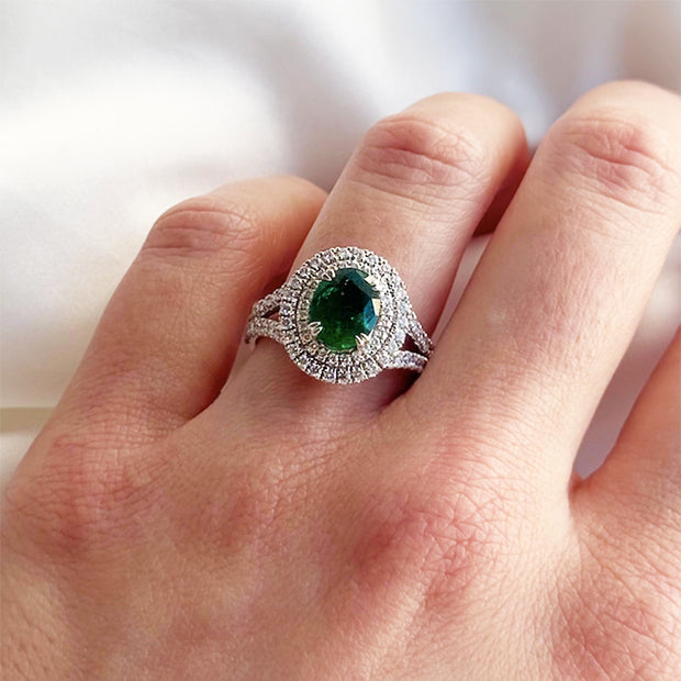 Emerald With Double Diamond Halo Ring