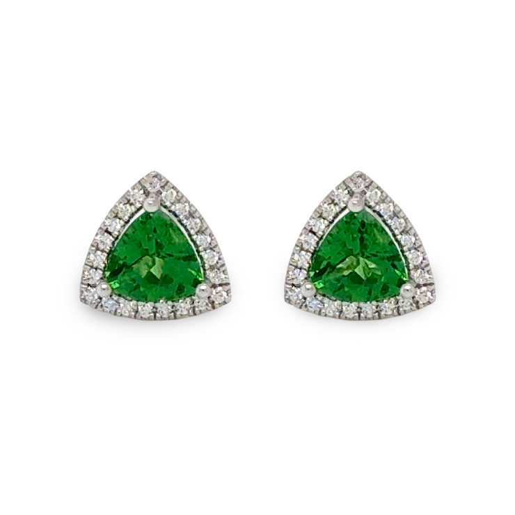Pair of trapezoid-shaped green tsavorite earrings with diamond accents.