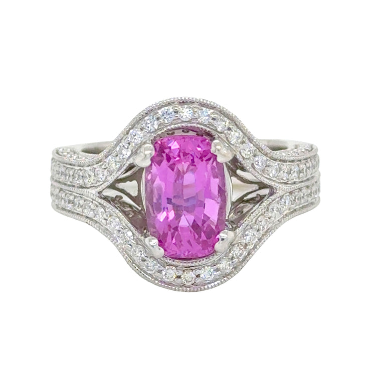 3.12 carat cushion cut pink sapphire for a rich, romantic centerpiece.