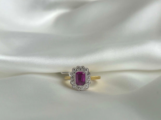 0.80 CT Pink Sapphire and 0.30 CTW Diamond Two Tone Diamond Halo Ring