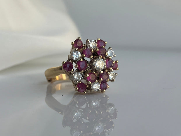 Mid-Century Cocktail Ruby & Diamond Ring in 14K Yellow Gold