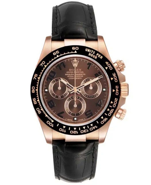 Close view of the rose gold case, black ceramic bezel and brown dial.