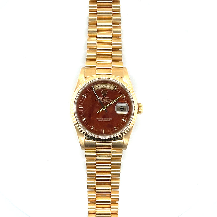 Iconic Rolex DayDate 36mm President L Series Yellow Gold wtih Burl Wood Dial.