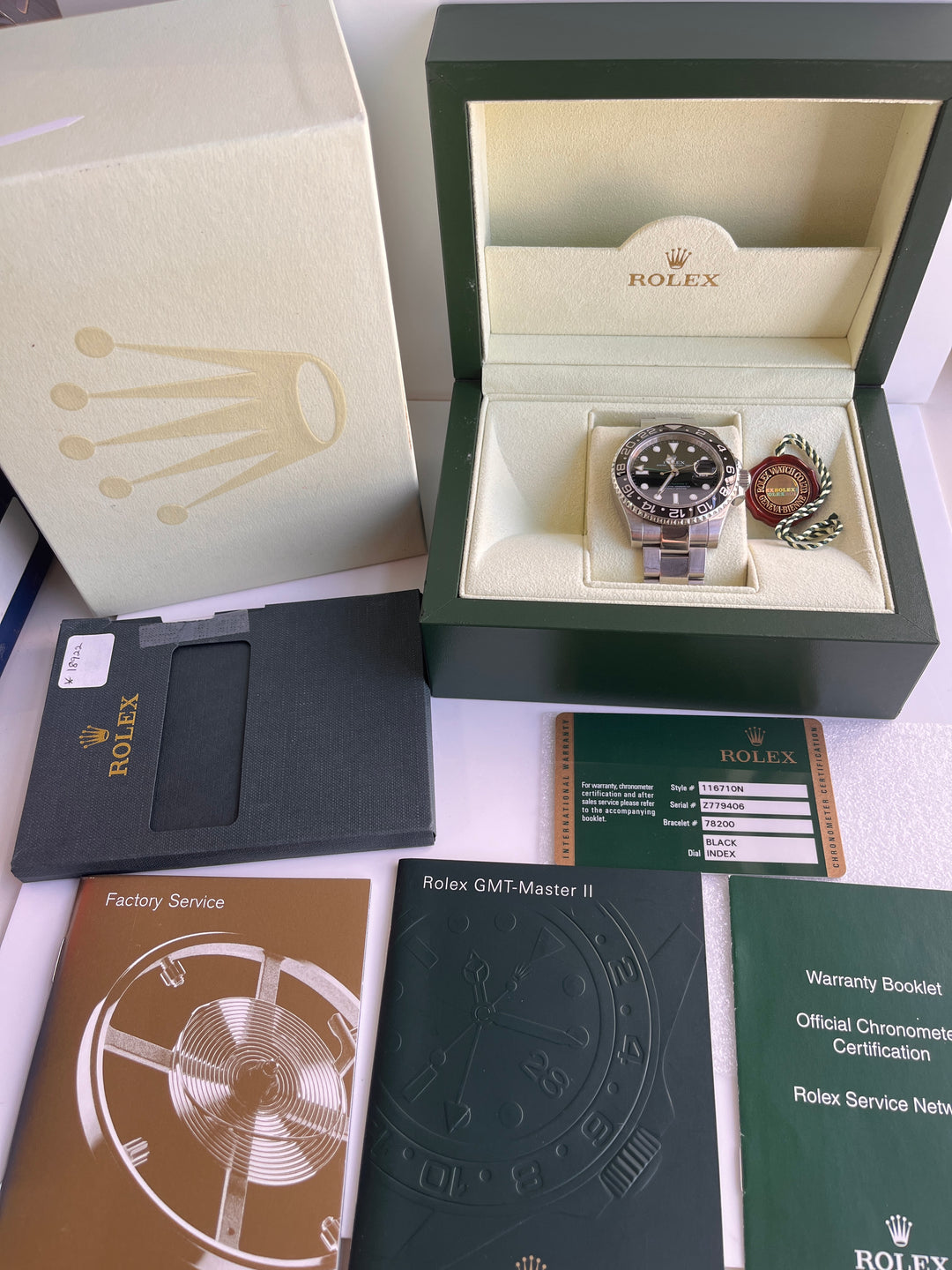 Pre-owned Rolex GMT Master2 Green Arrow Black Dial Watch FULL SET