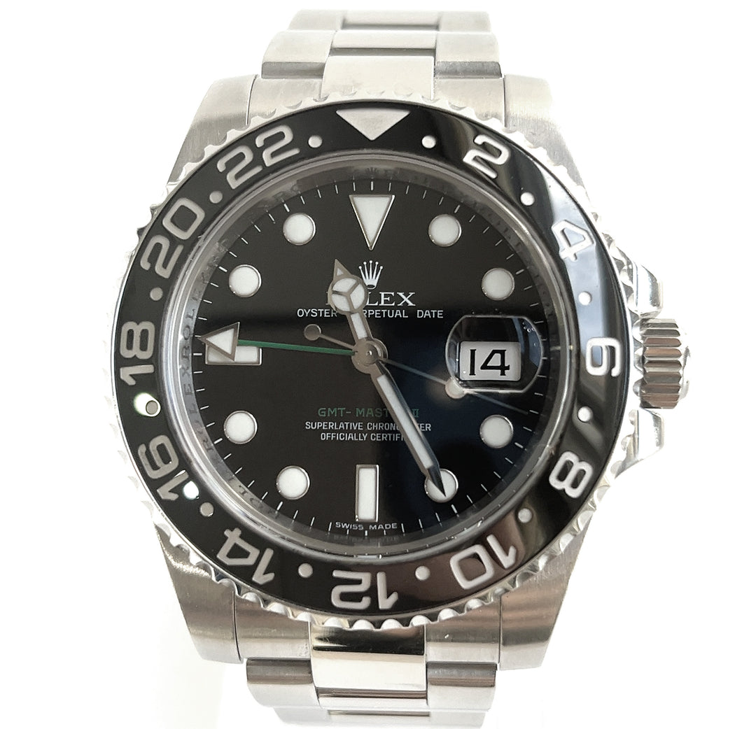 Pre-owned Rolex GMT Master2 Green Arrow Black Dial Watch FULL SET