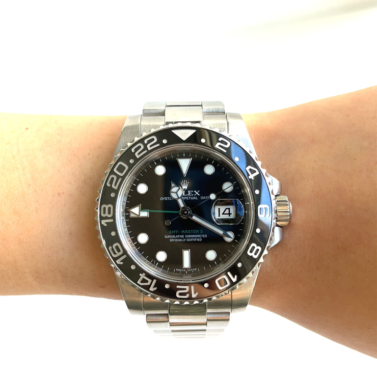 The Rolex GMT-Master II Model 116710 shown here on wrist.