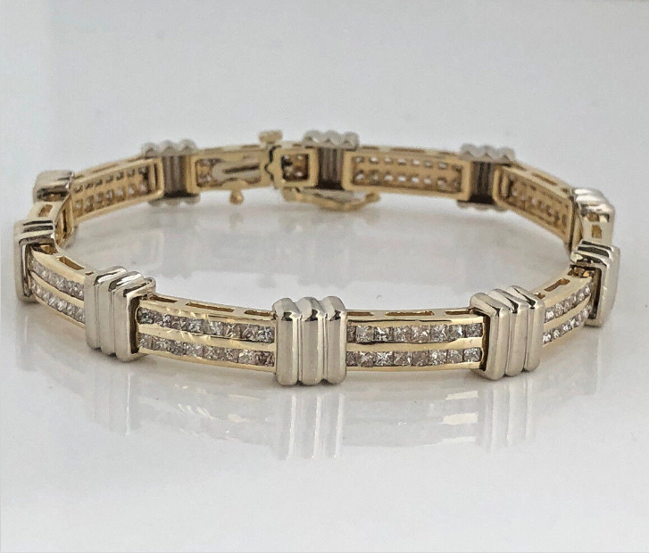 14K 2TONE Gold 4 carat Princess Cut Diamond Bracelet 7.25 inches