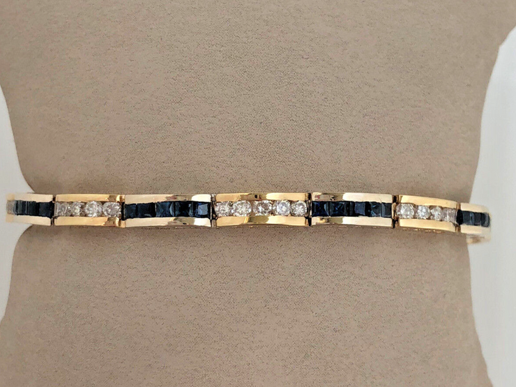 14K2TONE GOLD Natural Round Diamond and Princess Cut Natural Blue Sapphire Tennis Bracelet