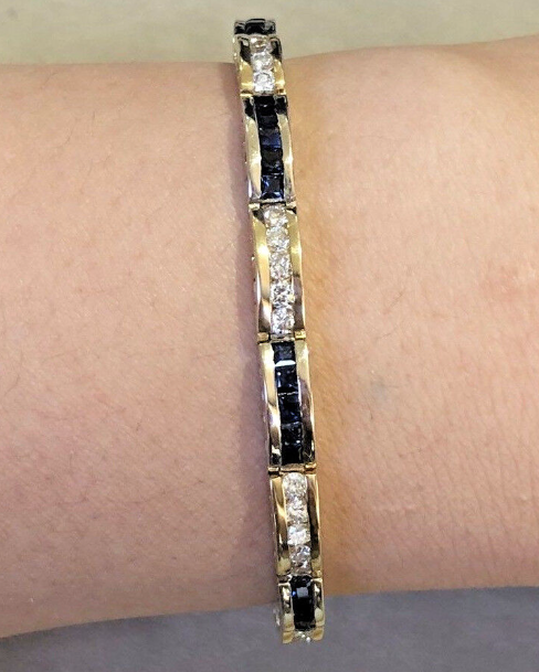 14K2TONE GOLD Natural Round Diamond and Princess Cut Natural Blue Sapphire Tennis Bracelet