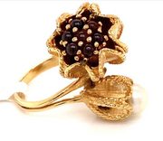 Retro-Style Garnet and Pearl Flower Ring set in 14K yellow gold Size 4.5 SOLID