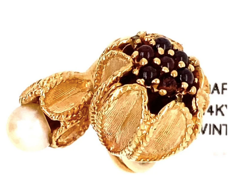 Retro-Style Garnet and Pearl Flower Ring set in 14K yellow gold Size 4.5 SOLID