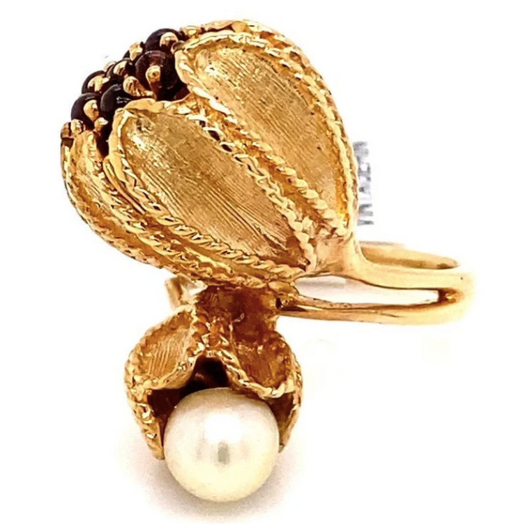 Retro-Style Garnet and Pearl Flower Ring set in 14K yellow gold Size 4.5 SOLID