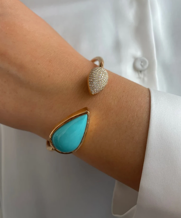 Natural Sleeping Beauty Turquoise and Diamond Bangle in 18K Yellow Gold