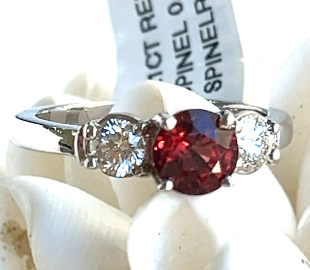 14K White Gold Natural Red Spinel 1.21ct and Natural Diamonds 0.51ct Three Stone Ring Size 7