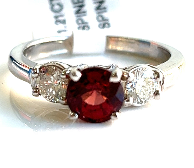 14K White Gold Natural Red Spinel 1.21 CT and Natural Diamonds 0.51 CT Three Stone Ring Size 7