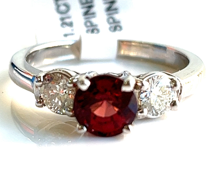 14K White Gold Natural Red Spinel 1.21ct and Natural Diamonds 0.51ct Three Stone Ring Size 7