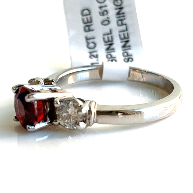 14K White Gold Natural Red Spinel 1.21ct and Natural Diamonds 0.51ct Three Stone Ring Size 7