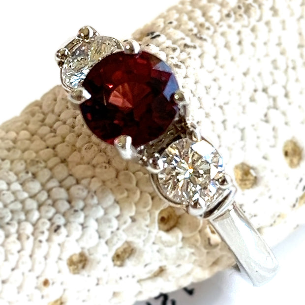 14K White Gold Natural Red Spinel 1.21ct and Natural Diamonds 0.51ct Three Stone Ring Size 7