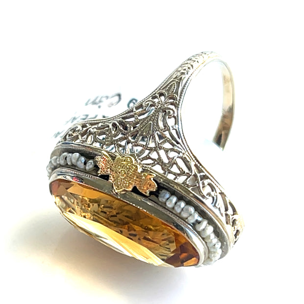 Unique Vintage Citrine & Seed Pearl Halo Ring
Artfully crafted in 14K gold with intricate, classic detail.