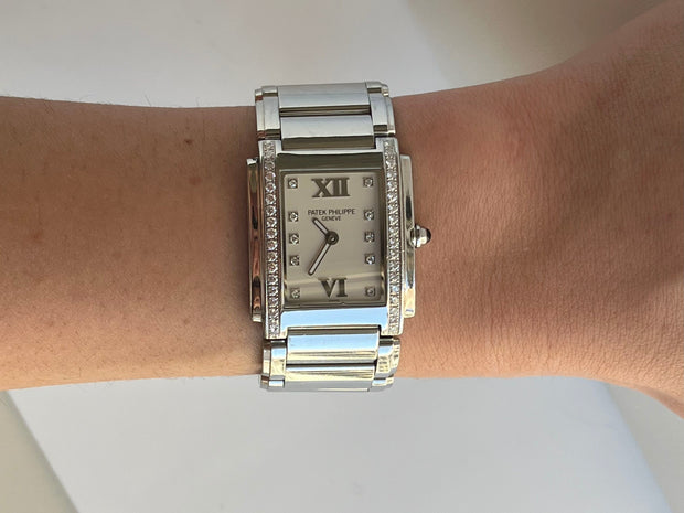 Patek Philippe Twenty 4 shown here on wrist.